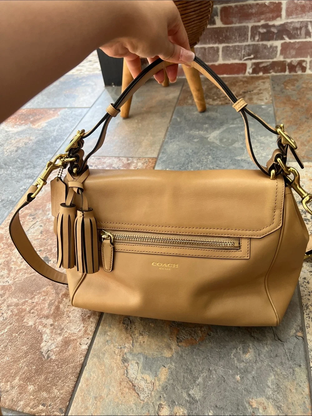 Coach Tan Leather Shoulder Bag with Gold Hardware